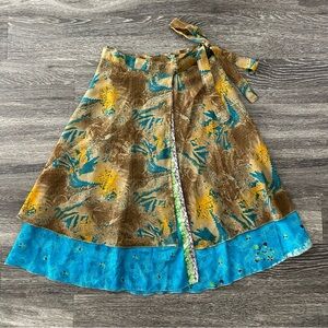 Layered Flowy Midi Wrap Skirt Tan Blue Brown Adjustable One Size Boho Festival